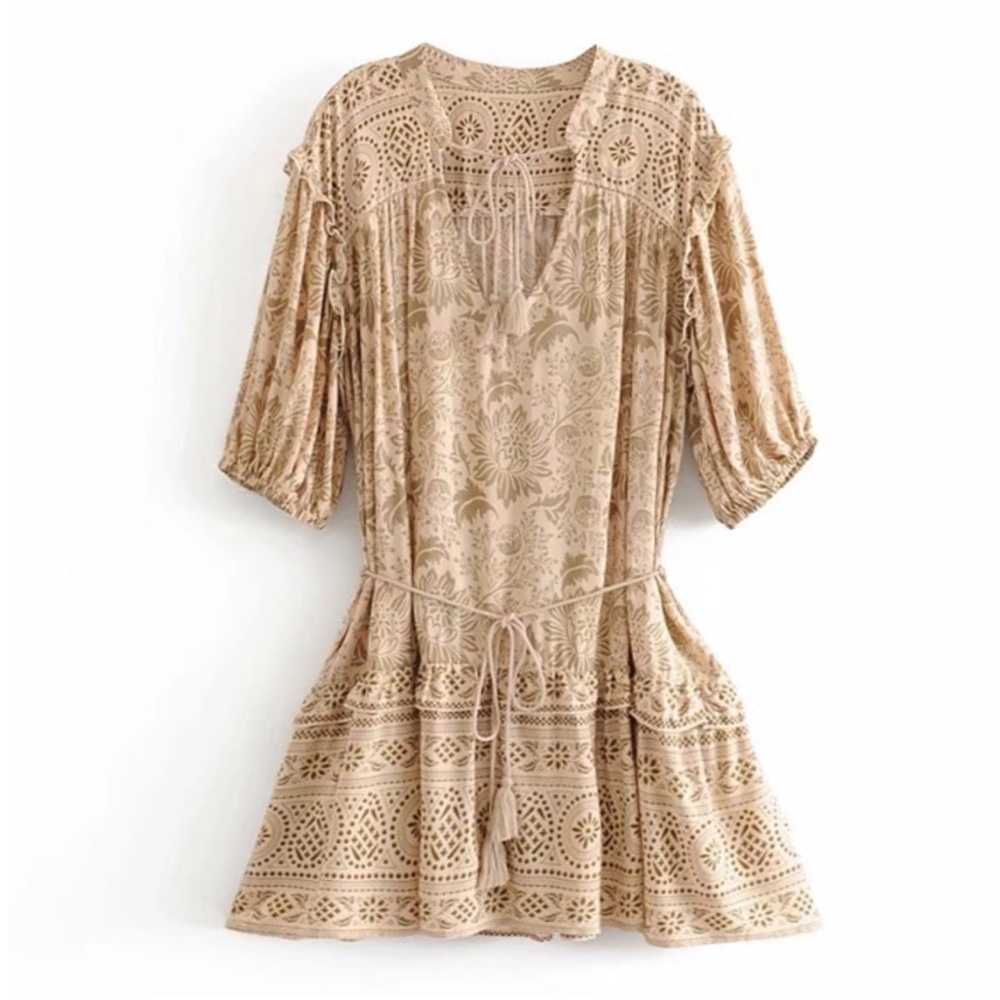 SOLD OUT Khaki Autumn Winds Boho Floral Mini Ruffle Dress - Picture 4 of 5